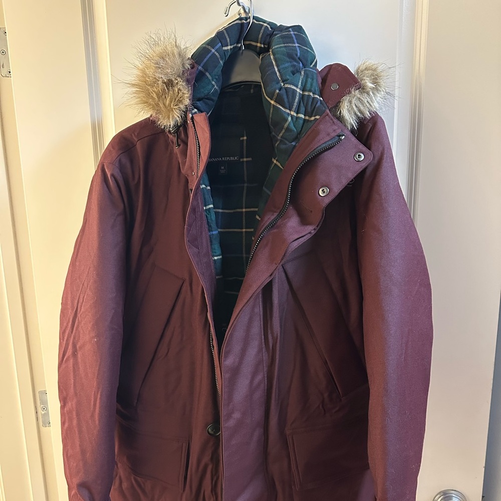 Banana Republic Maroon Puffer Jacket with Fur Hood